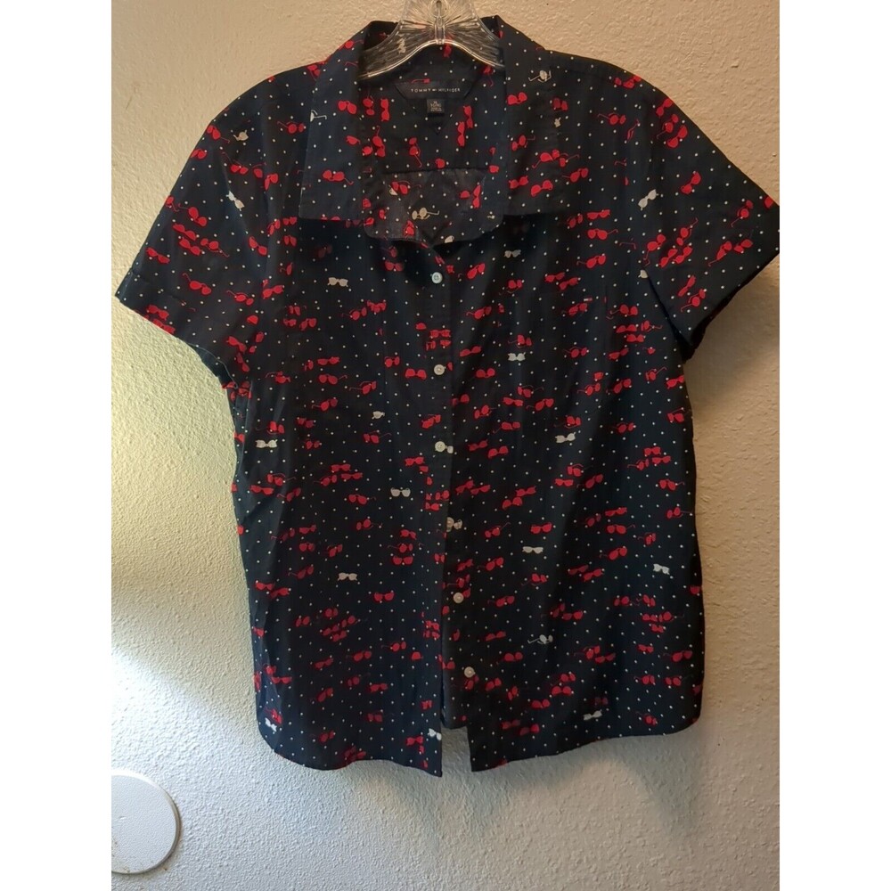 TOMMY HILFIGER XLARGE DARK BLUE/RED SUNGLASSES BUTTON UP SHIRT 100% COTTON